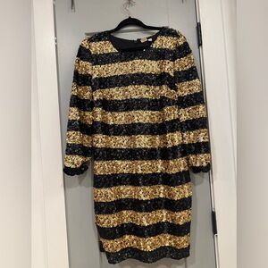 GAP Black and Gold Striped Sequin Long Sleeve Dress